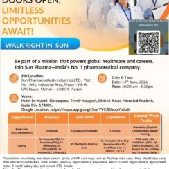 Sun Pharma Walk-In | 14 June 2026 | Mohali OSD Production QA QC | Technician Officer Executive