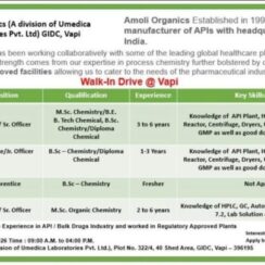Amoli Organics Vapi Walk-In | 13 June 2026 | Production QC | Fresher & 1-6 Years