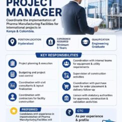 Project Manager (Pharma Manufacturing Facilities) – Hyderabad – 5+ Years Exp – Engineering Graduate – Kenya & Colombia Projects