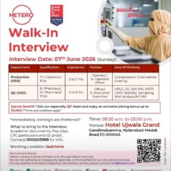 Hetero Walk-In Hyderabad | Production & QC OSD | Joining Bonus ₹35k | Jadcherla