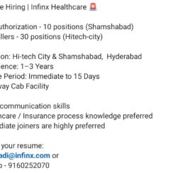 Infinx Hiring Hyderabad | Pre Authorization & AR Callers | 1-3 Years | Two-Way Cab
