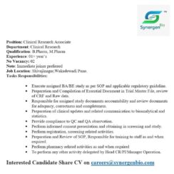Clinical Research Associate Job Pune | BA/BE Studies | B.Pharm M.Pharm | Synergen Bio