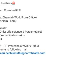 Corrohealth Hiring Freshers Chennai | Life Science Paramedics | Day Shift | Work From Office