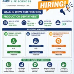 Aurore Life Sciences Walk-In Hyderabad | Production Trainee Chemist | B.Sc M.Sc B.Tech Freshers