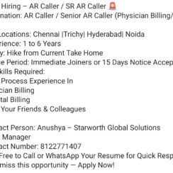 Starworth Hiring AR Caller | Chennai Trichy Hyderabad Noida | Physician Hospital Billing | 1-6 Years Starworth Hiring AR Caller | Chennai Trichy Hyderabad Noida | Physician Hospital Billing | 1-6 Years