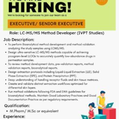 LC-MS/MS Method Developer Job | IVPT Studies | M.Pharm M.Sc | Topiox Research | 5-8 Years