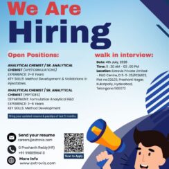 Extrovis Walk-In Hyderabad | Analytical Chemist Injectables Peptides | Method Development | 3-6 Years