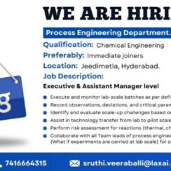 Laxai Hiring Hyderabad | Process Engineering Executive | Chemical Engineering | Immediate Joiners