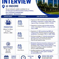 Ajanta Pharma Walk-in 05th July 2026 | Production & Maintenance Officer/Sr. Officer | Indore