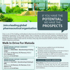 Intas Pharmaceuticals Walk-In Drive Saturday, 4th June 2026 | Multiple Positions | Injectable & OSD | Matoda, Ahmedabad