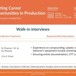 Gland Pharma Ltd Walk-In On Saturday, July 4th, 2026 | Production | Chemist to Executive | Dundigal, Hyderabad