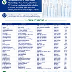 GNE Lifesciences is hiring for QA,QC,,IPQA, Production & Packing,HR,BD,Stores & IT
