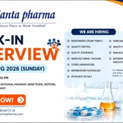 Walk-in Interview for Pharma Jobs at Ajanta Pharma Vapi – QA, QC & Production Openings