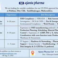 Ajanta Pharma Jobs 2026 for EHS, PPIC & IT Departments | Paithan, Maharashtra | US FDA Approved Plant