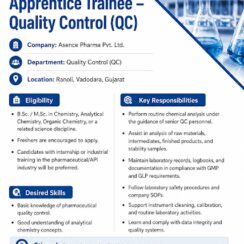 Asence Pharma Apprentice Trainee Quality Control Jobs | Freshers | B.Sc / M.Sc Chemistry | Vadodara