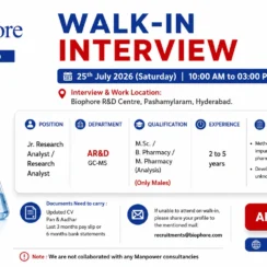 Biophore Walk-In Interview on 25th July 2026 | AR&D Research Analyst Jobs | Hyderabad