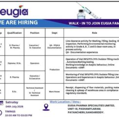 Eugia Pharma Walk-In Interview | QA, Production, Warehouse Jobs | Pashamylaram | 4th July 2026