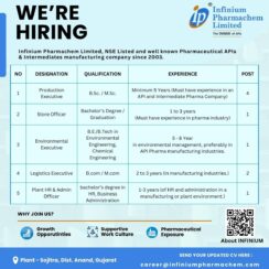 Infinium Pharmachem Jobs 2026 for Production, Store, Environmental, Logistics & HR Departments | Apply Now