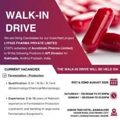 Aurobindo Lyfius Pharma Walk-In Drive for Production Departments || B.Sc / M.Sc / B.Tech (Biotechnology / Chemical / Microbiology) Candidates