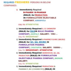 Srujani Pharma Consultancy Freshers Jobs | Production, R&D, QC, QA | Hyderabad | Male Candidates