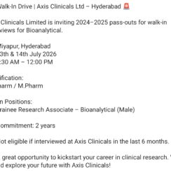 Axis Clinicals Walk-In 2026 | Bioanalytical Trainee | 13-14 July | Hyderabad | 2024-2025 Passouts