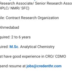 CRO Hiring 2026 | Research Associate LCMS HPLC NMR | 2-6 Years | Ahmedabad | M.Sc Analytical Chemistry