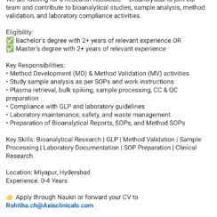 Axis Clinicals Hiring 2026 | Research Associate Bioanalytical | 0-4 Years | Miyapur Hyderabad Axis Clinicals Hiring 2026 | Research Associate Bioanalytical | 0-4 Years | Miyapur Hyderabad