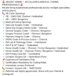 Urgent Hiring 2026 | AR Callers & Medical Coding Professionals | Chennai Hyderabad Bangalore Coimbatore Pune Trichy
