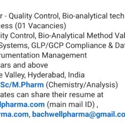 Bachwell Pharma Hiring 2026 | Manager QC Bioanalytical DMPK | 12+ Years | Hyderabad Genome Valley