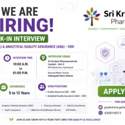 Sri Krishna Pharma Walk-In Interview: QA & AQA Openings in Hyderabad from July 28 to August 1, 2026