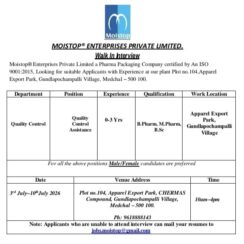 Moistop Enterprises Walk-In 4th-10th July 2026 | QC Jobs Freshers & Experienced | Medchal Hyderabad