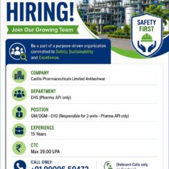 Cadila Pharmaceuticals Hiring | GM/DGM EHS | Pharma API | 15 Years | Ankleshwar