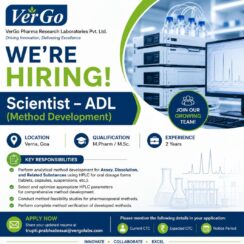 VerGo Hiring Goa | Scientist ADL Method Development | M.Pharm M.Sc | 2 Years