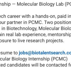 Paid Molecular Biology Internship PCMC | 6 Months | Biotech Freshers