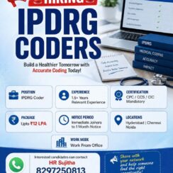 IPDRG Coder Job Hyderabad Chennai Noida | CPC CCS CIC | Up to ₹12 LPA