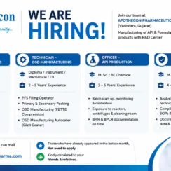 Apothecon Pharmaceuticals Hiring in Vadodara: OSD, API Production & QC Pharma Jobs