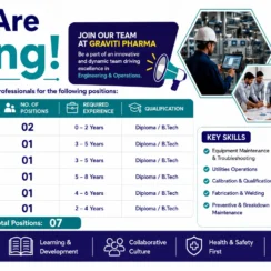 Freshers Jobs @ Graviti Pharma Hiring for Process Maintenance, Utilities, Calibration & Fabrication Jobs