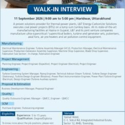 L&T Energy Walk In Interview on 1th September 2026 for Engineering, Manufacturing and SCM Roles