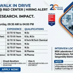 MSN Laboratories Walk-In Drive: R&D Center Hiring Alert on August 29, 2026