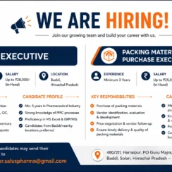 Salus Pharmaceuticals Hiring in Baddi: PPIC Executive & Packing Material Purchase Jobs