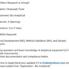 CliNovi Research Hiring 2026 | Bio Analytical Jobs | 4 Openings | Pune | 2-3 Years Exp
