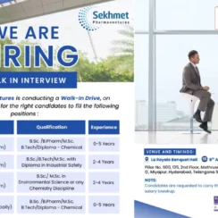 Walk-in Interview @ Sekhmet Pharmaventures Hiring for Production, EHS & ETP Jobs on 8th August 2026 [0 to 5 Years Exp]