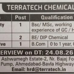 Terratech Chemicals Walk-In Interview on 24th to 29th August 2026 for Quality, Production and Purchase Departments at Ahmedabad, Gujarat.