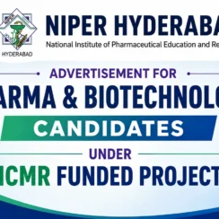 Advertisement for Pharma, Biotechnology candidates under ICMR funded project at NIPER