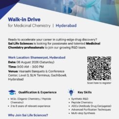 Sai Life Sciences Walk-In Hyderabad | Medicinal Chemistry | M.Sc Organic Peptide | 2-8 Years Sai Life Sciences Walk-In Hyderabad | Medicinal Chemistry | M.Sc Organic Peptide | 2-8 Years