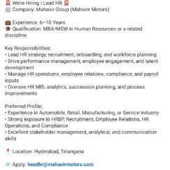 Mahavir Group Hiring Hyderabad | Lead HR | MBA MSW | 6-10 Years | Automobile Retail Mahavir Group Hiring Hyderabad | Lead HR | MBA MSW | 6-10 Years | Automobile Retail