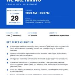 Laxai Hiring Hyderabad | Production Chemist API | B.Sc Chemistry | 0-6 Years