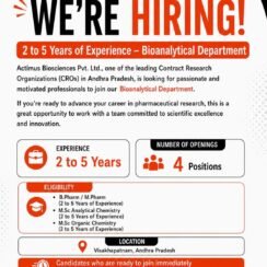 Actimus Biosciences Hiring Vizag | Bioanalytical | B.Pharm M.Pharm M.Sc | 2-5 Years