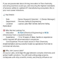 Laurus Labs Hiring Hyderabad | Senior Research Scientist Process Safety | 15-18 Years