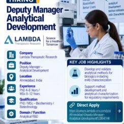 Lambda Therapeutic Research Deputy Manager Analytical Development Ahmedabad